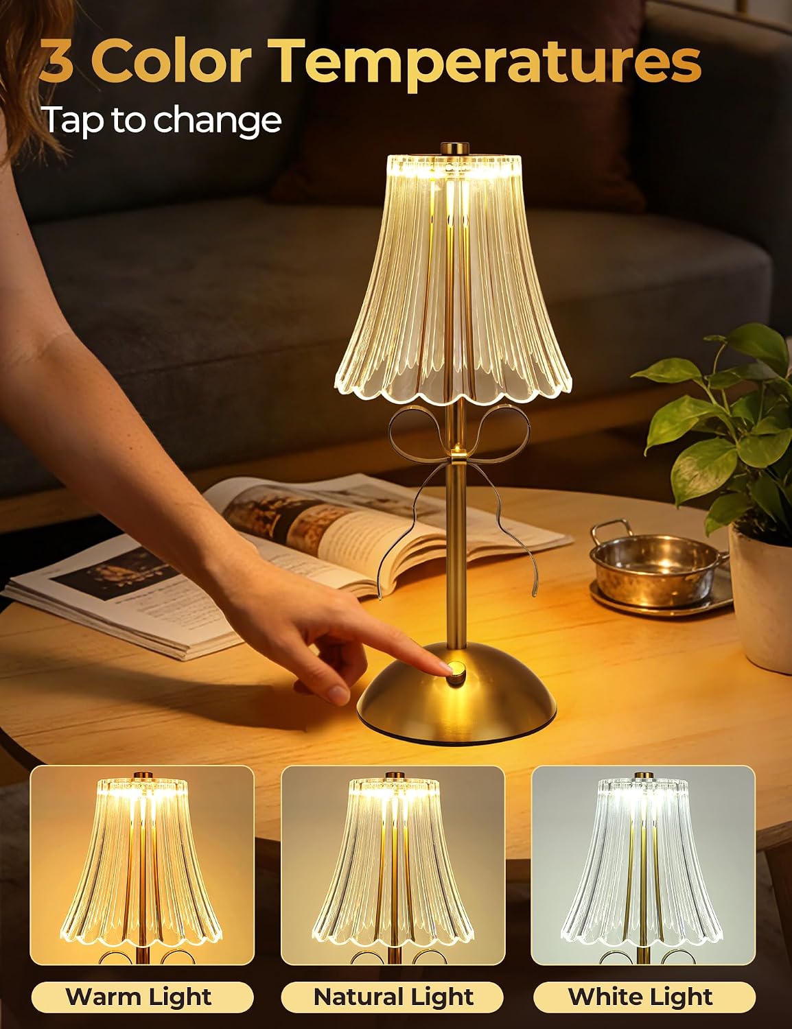 Lámpara mesa recargable dorada inalámbrica tactil led 3 colores