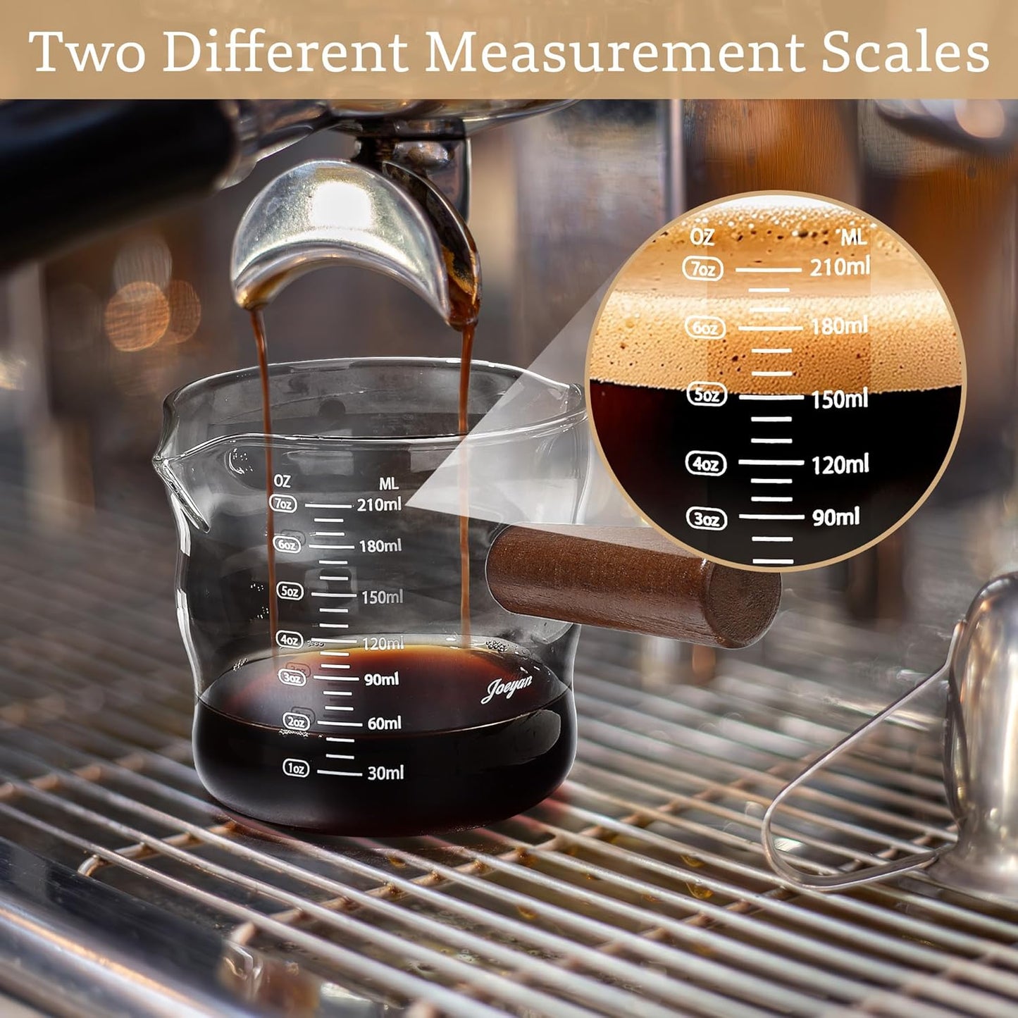 Taza medidora de espresso de 9 oz con doble boquilla y mango de madera
