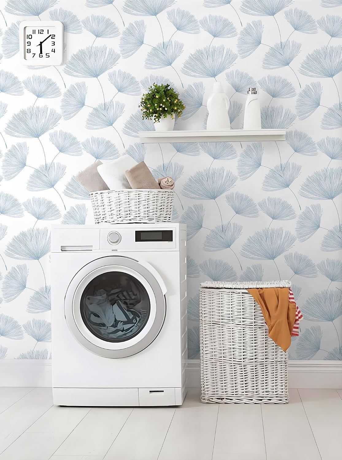 Papel tapiz diente león autoadhesivo azul blanco 197x17.3pulg