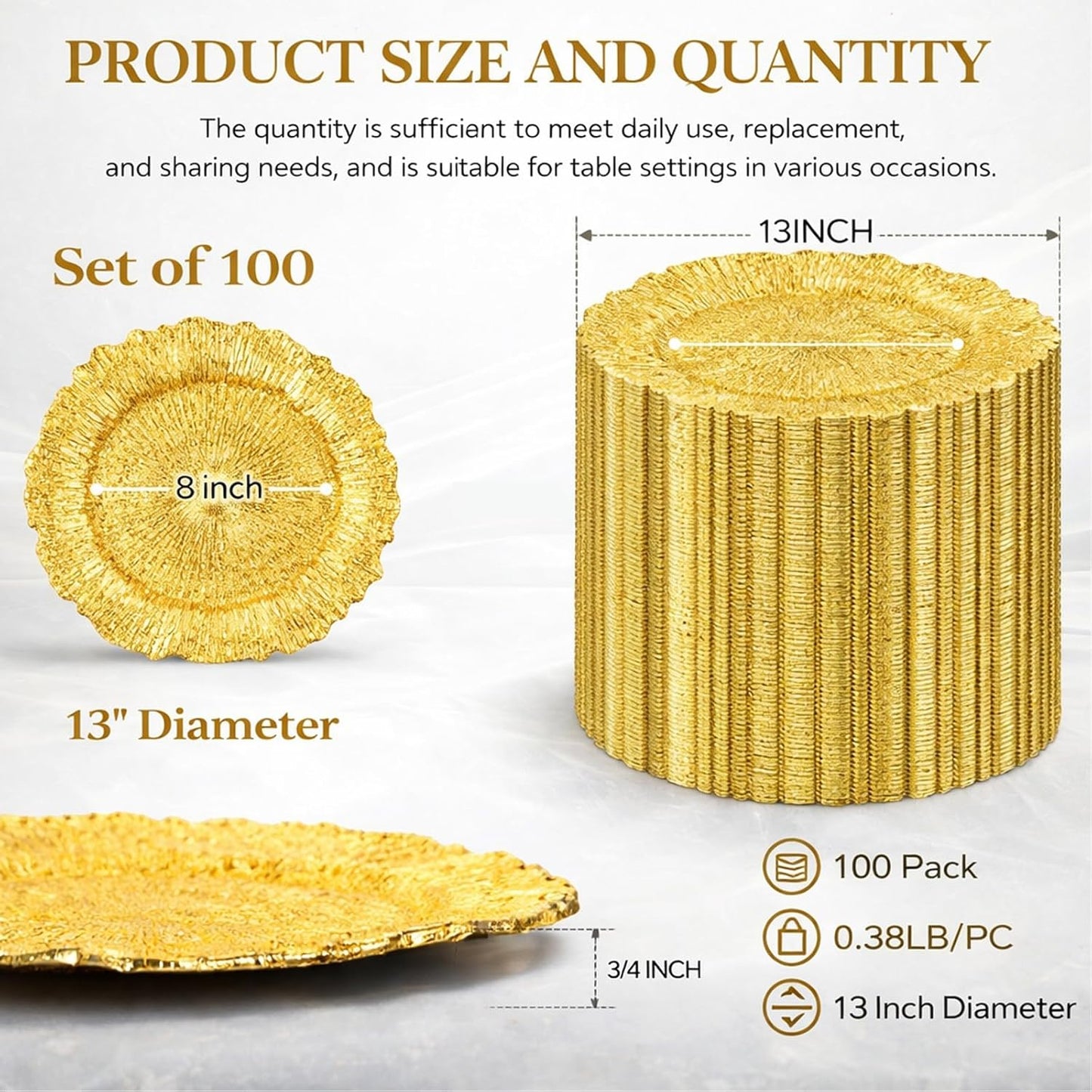 Set 100 Platos Carga Arrecife Oro Brillante 13pulg Reutilizables