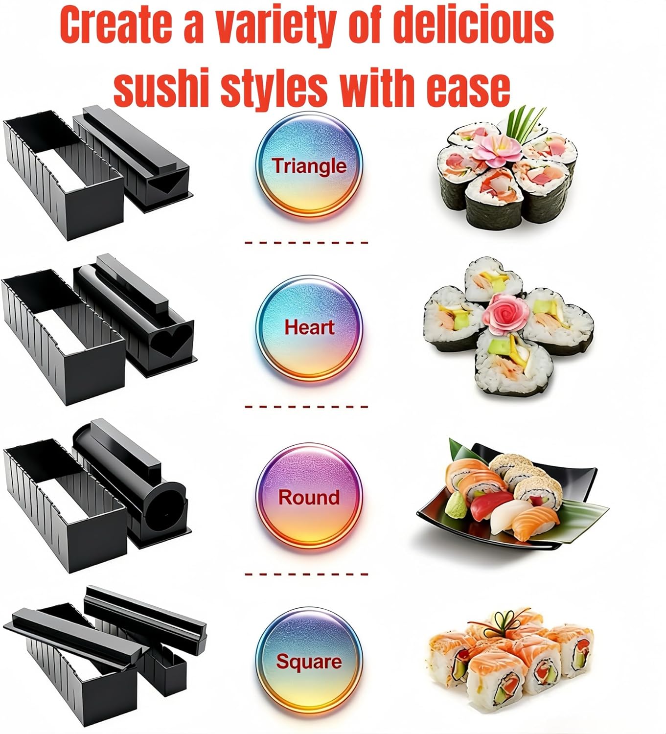 Set 10 Pzas Kit Sushi Moldes Formas Cuadradas Redondas Plástico