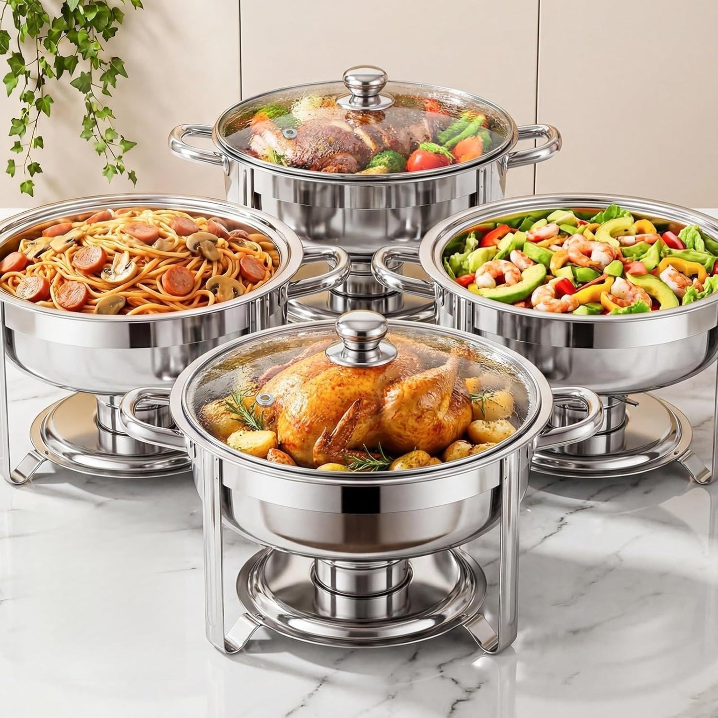 4 Pzas Platos Bufé Acero Inox 6qt Con Tapa Vidrio