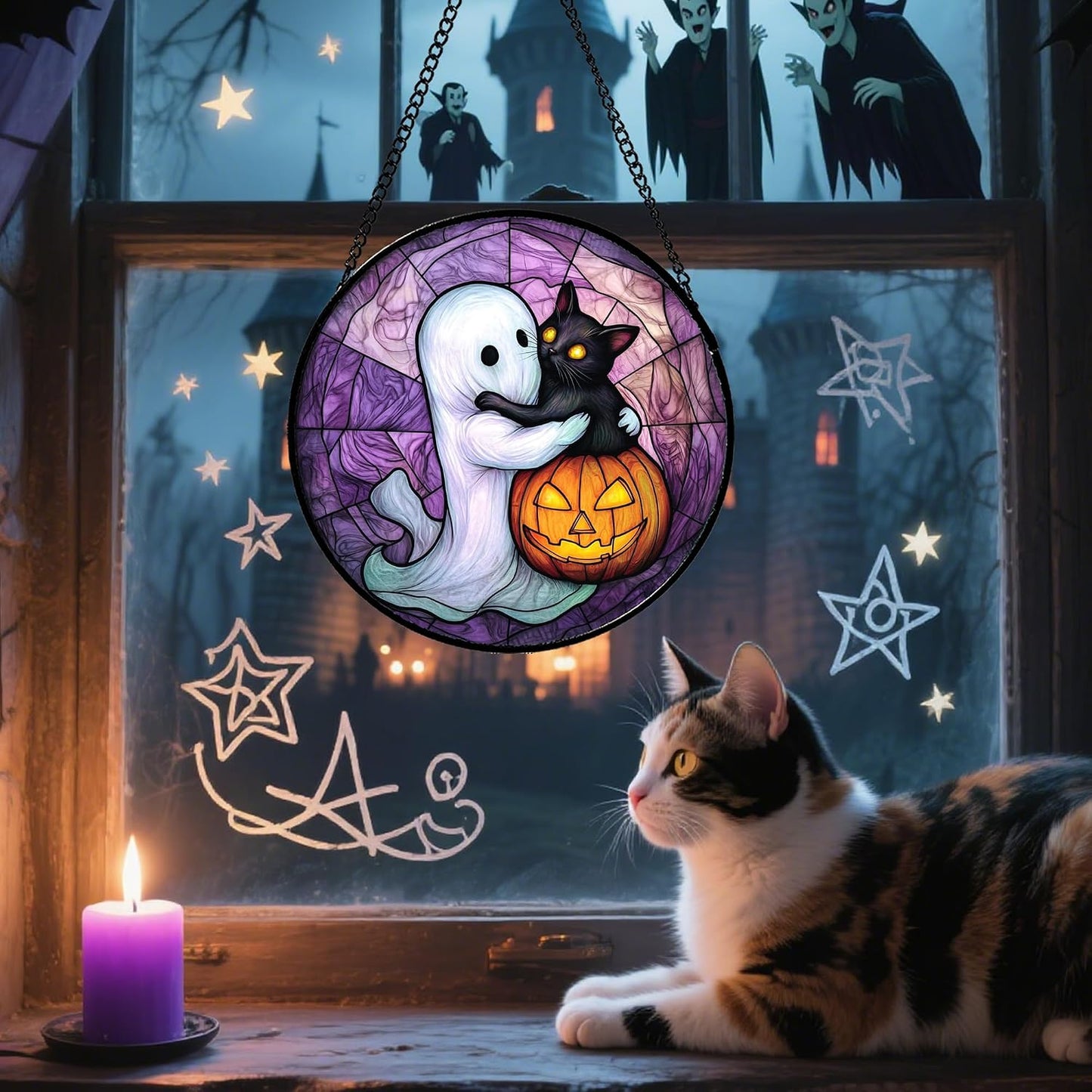 Colgante vitrales Halloween gato negro calabaza morado