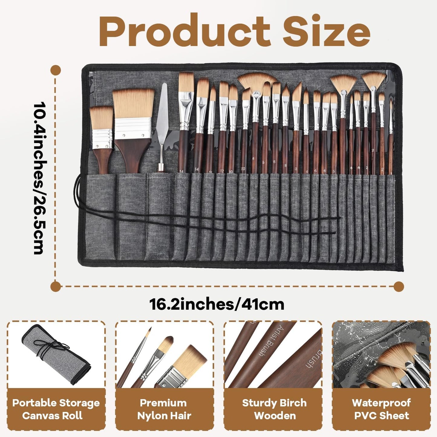 Set 25 Pinceles Acrílicos con Cuchillo Paleta y Rollo Lienzo