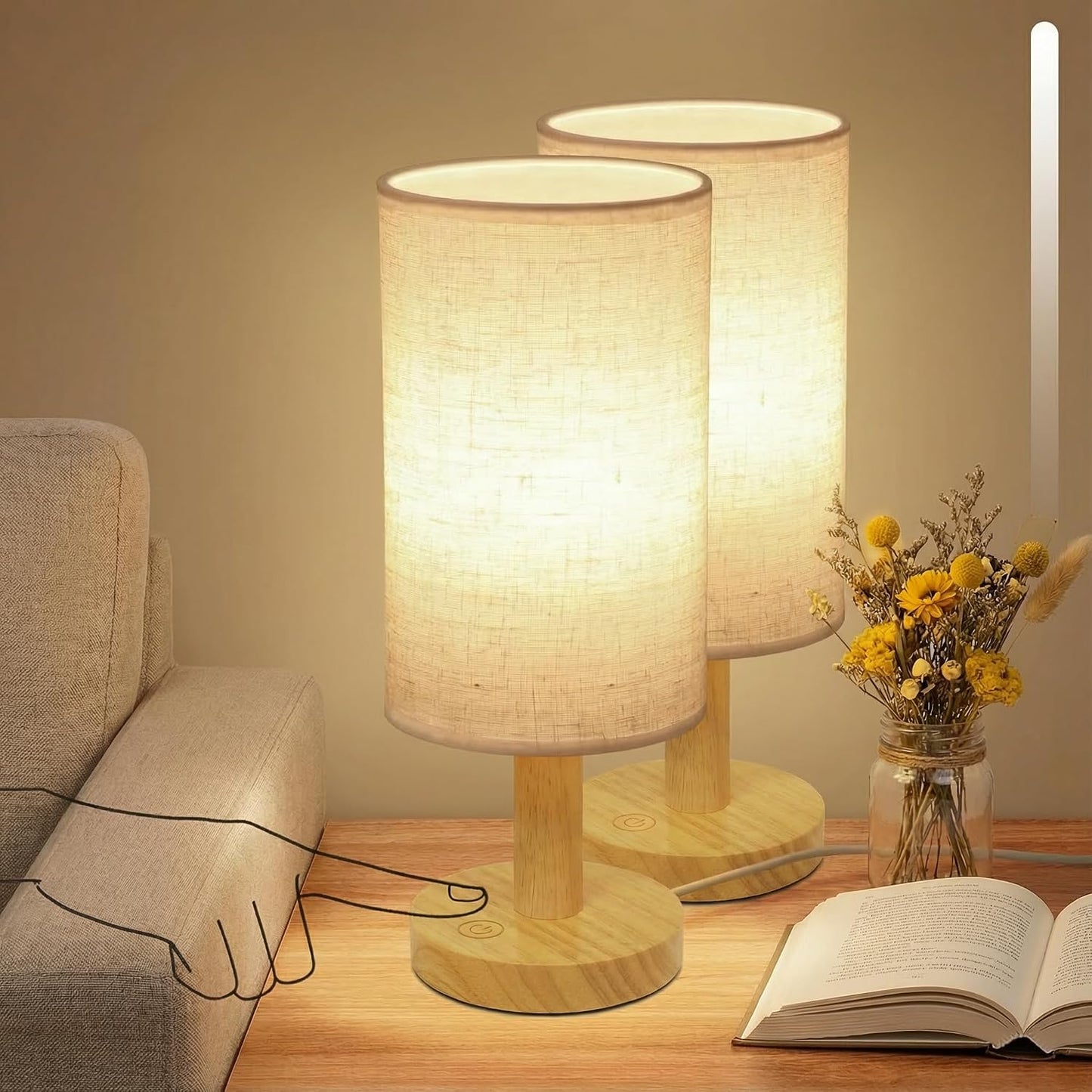 2 Lámparas táctiles USB madera lino luz cálida 2700K dormitorio