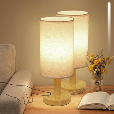 2 Lámparas táctiles USB madera lino luz cálida 2700K dormitorio