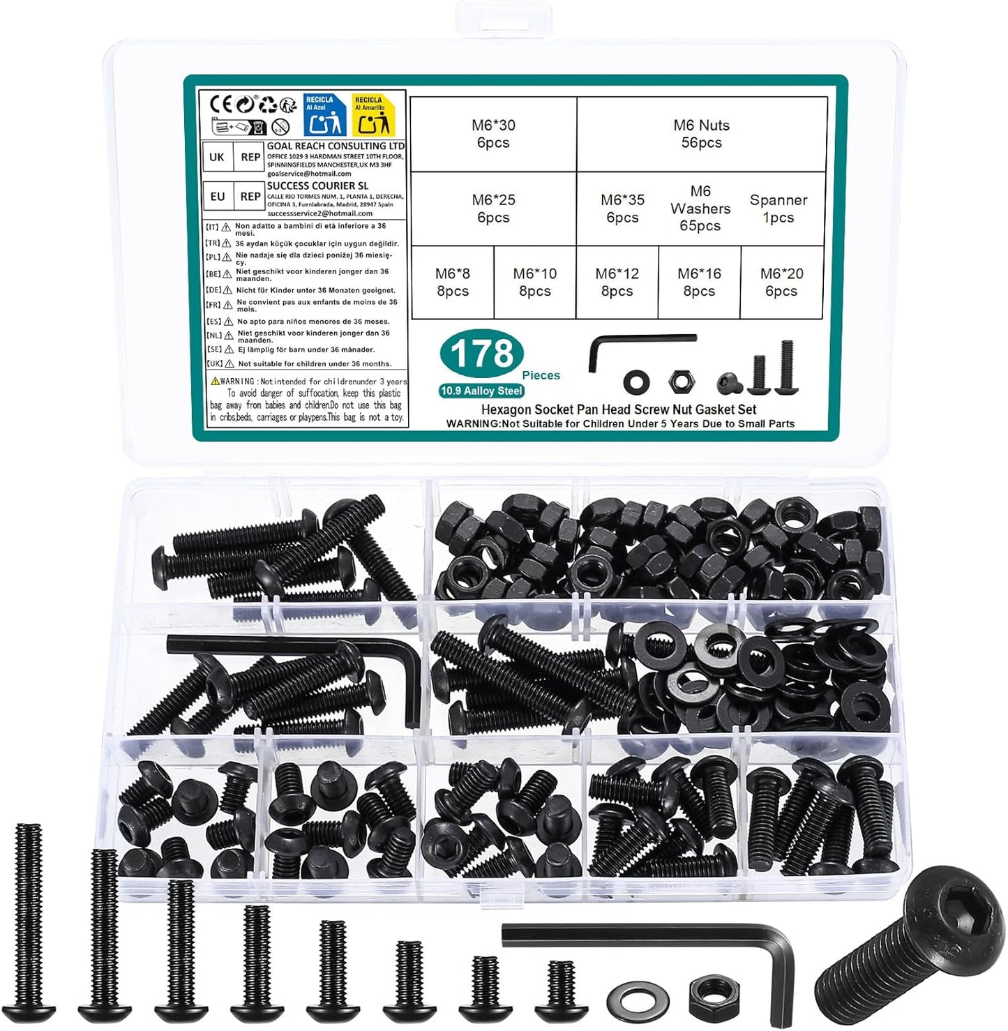 Kit surtido tuercas métricas M6 cabeza botón hexagonal