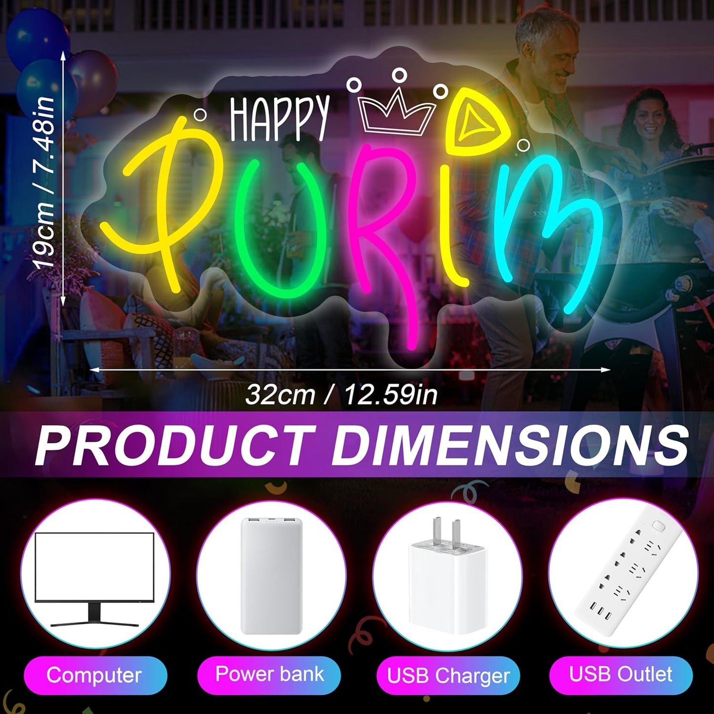 Cartel Neón LED Purim Decoración Fiesta