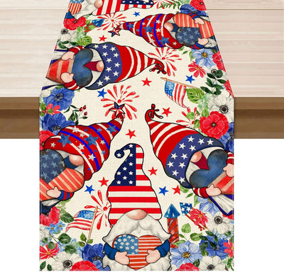 Camino de mesa patriótico con gnomos, corazones y estrellas americanas 13x72