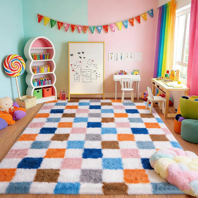 Alfombra 4x6ft antideslizante cuadros arcoíris sala dormitorio