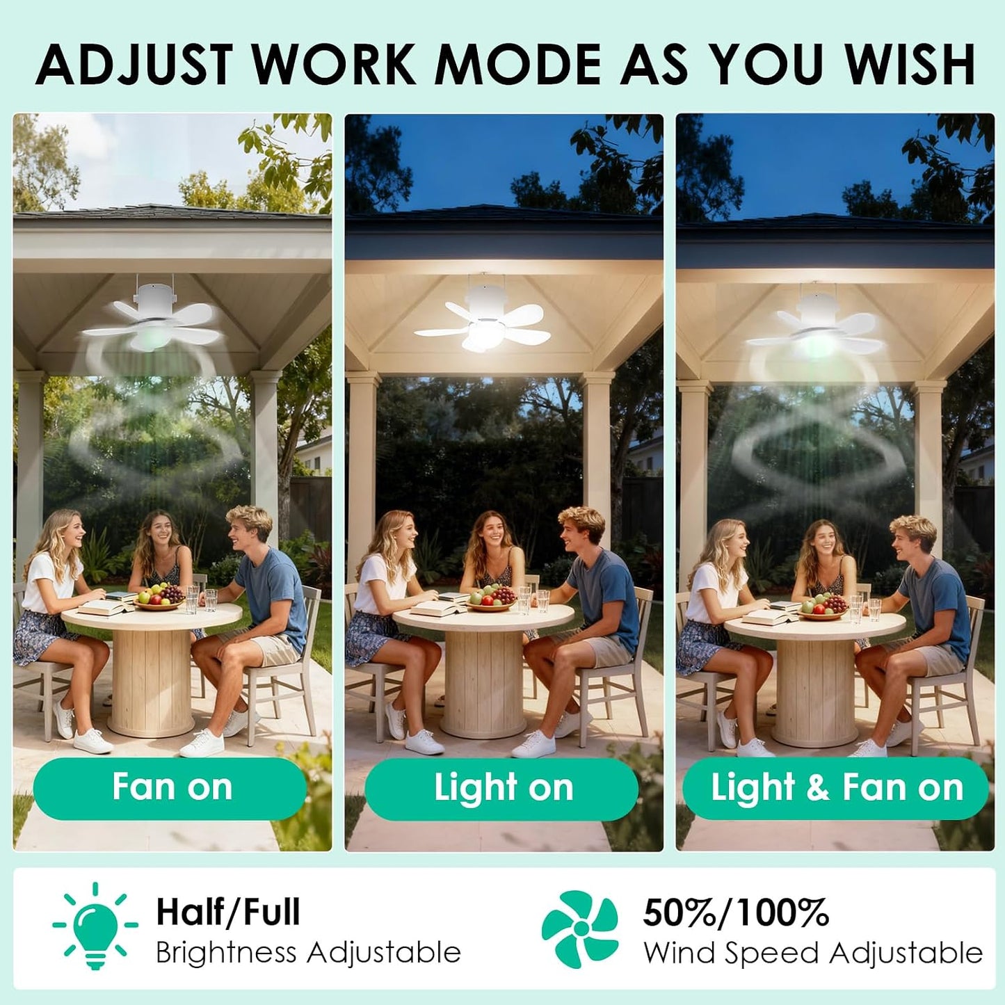 Ventilador techo portátil con luz inalámbrica recargable