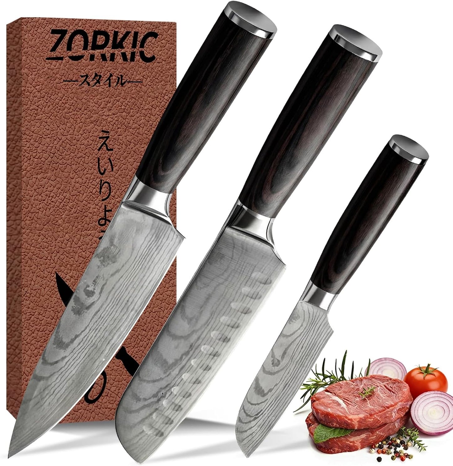 Set 3 Cuchillos Chef Japoneses Hoja Afilada Mango Madera