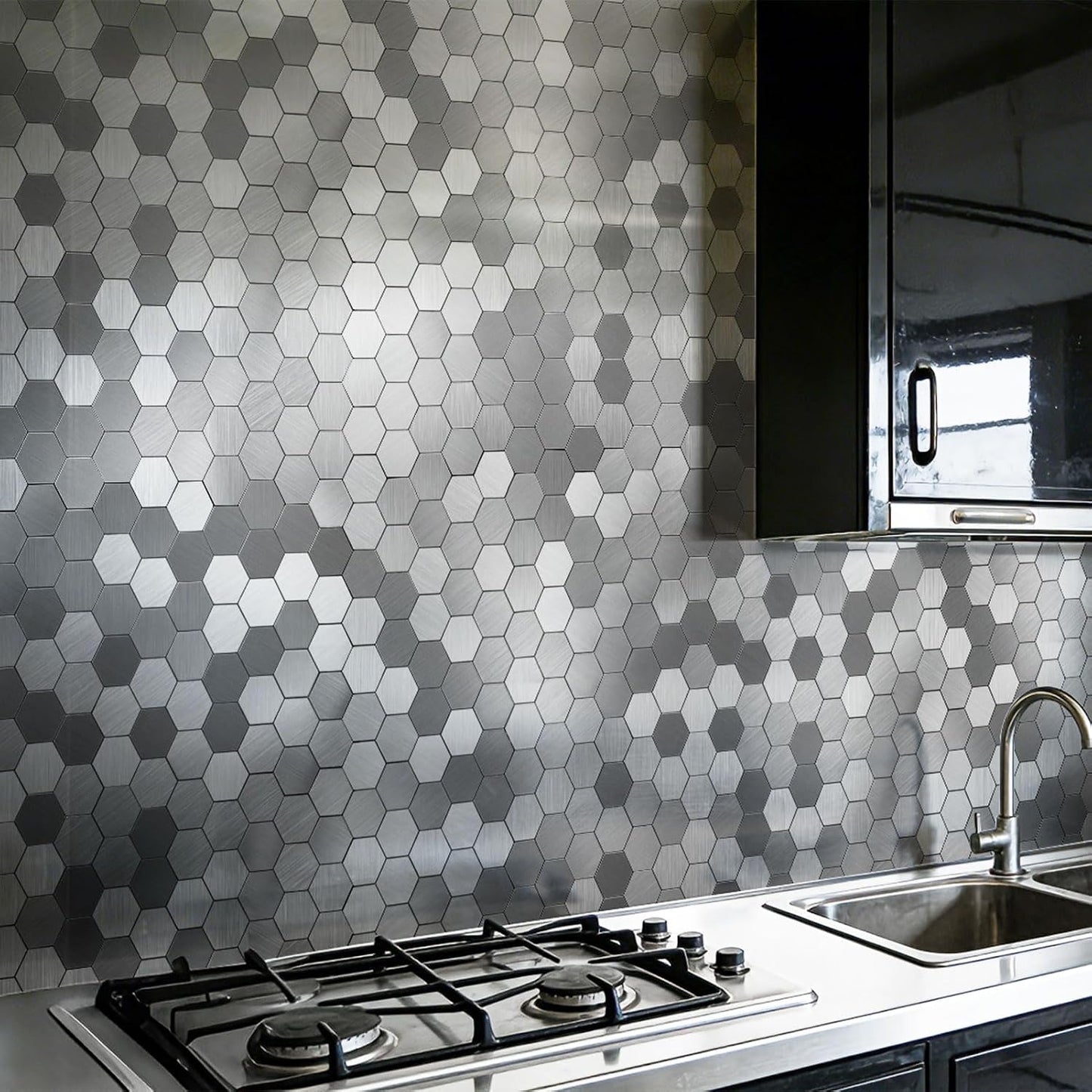 10 Azulejos Metal Autoadhesivos Cocina 12x12pulg Hexagonal Plateado