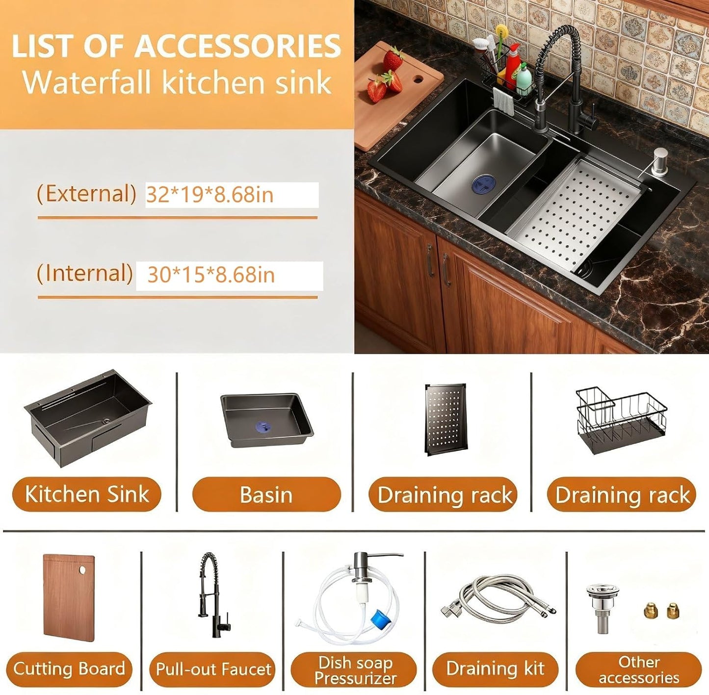 Fregadero cocina acero inox 32pulg cuenco negro resistente arañazos