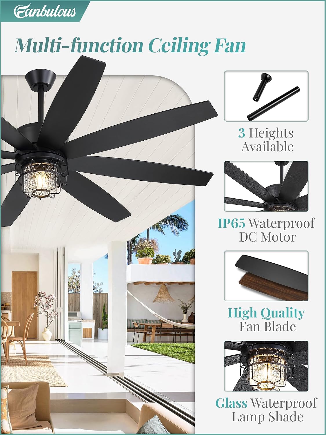 Ventilador techo exterior 65pulg IP65 con luces y control remoto