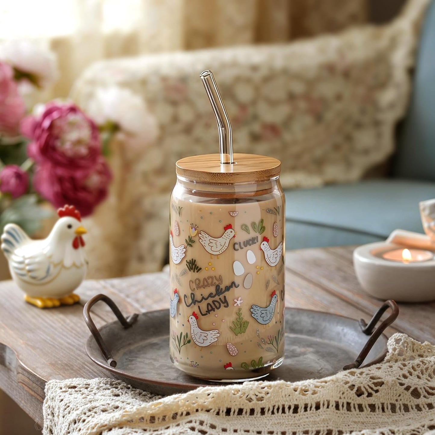 Taza divertida de vidrio de pollo con tapa y pajita