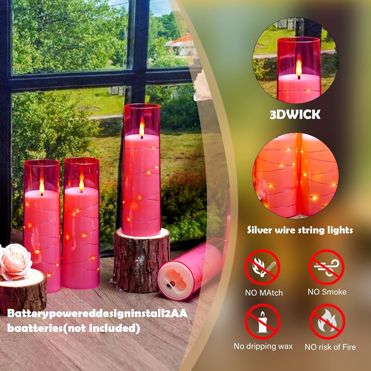 Velas LED parpadeantes con cuerda estrella 7 pzas rosa