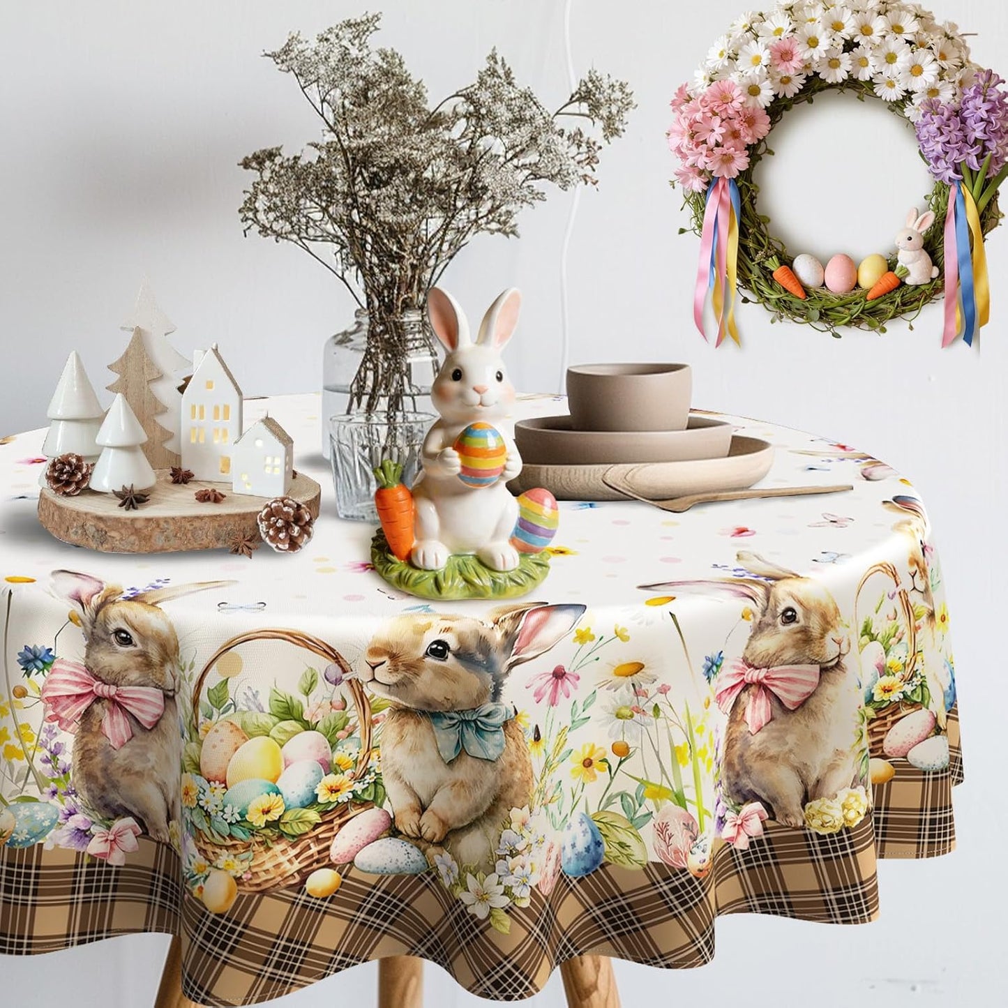 Mantel Pascua 70x70pulg conejito y huevos redondo