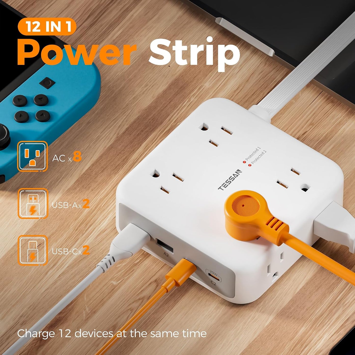 Regleta alimentación 2100J 4 USB 8 tomas 20W gris
