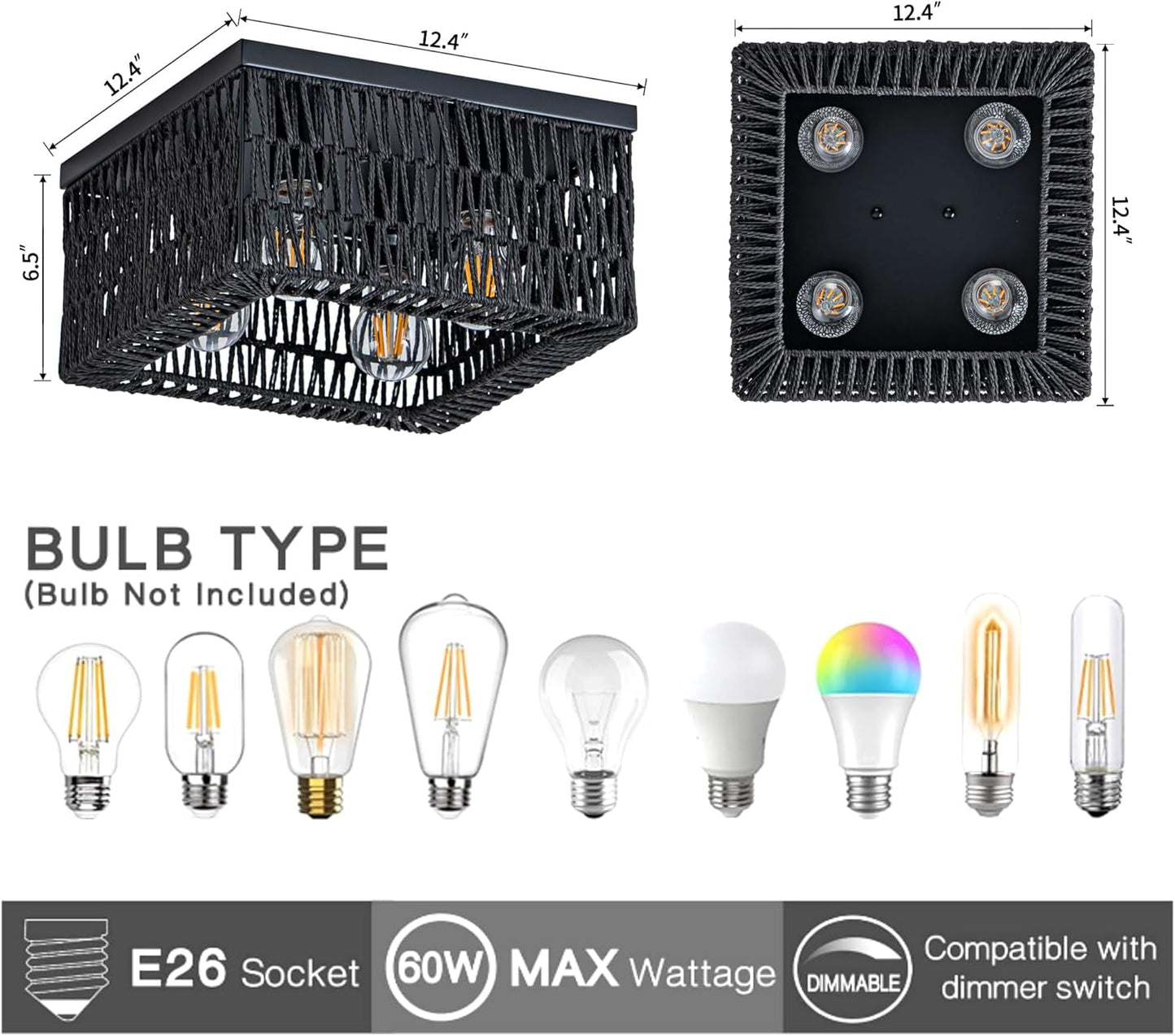 Lámpara techo ratán negro 4 luces cuadrada dormitorio