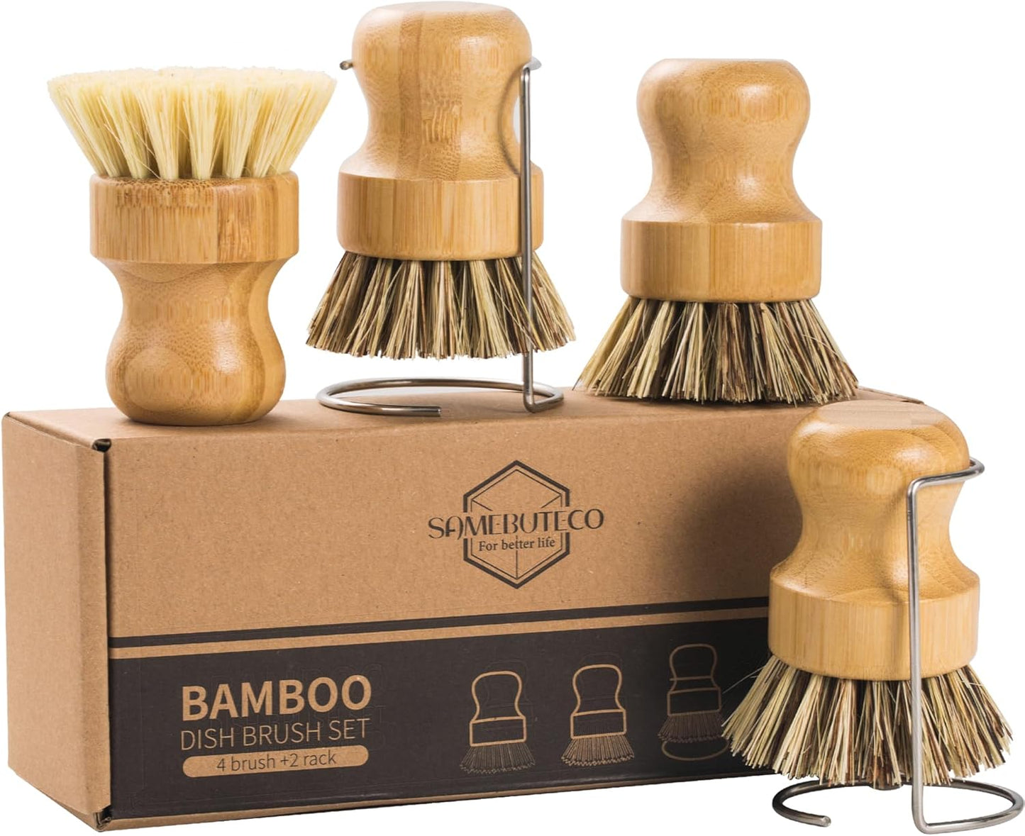 Juego de 6 cepillos de bambú con estantes de acero inoxidable para platos y sartenes