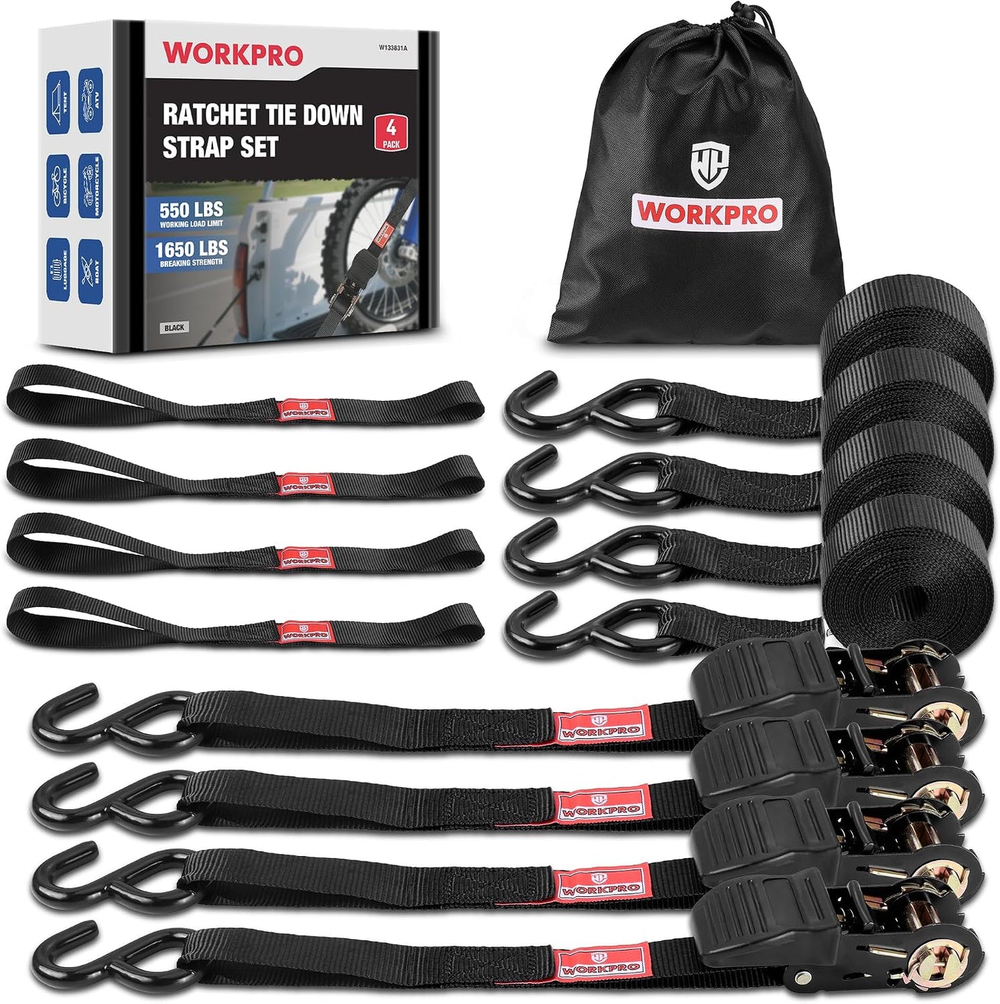 Set 4 Correas Trinquete 1pulg x 15ft Resistencia 1650lb Negro