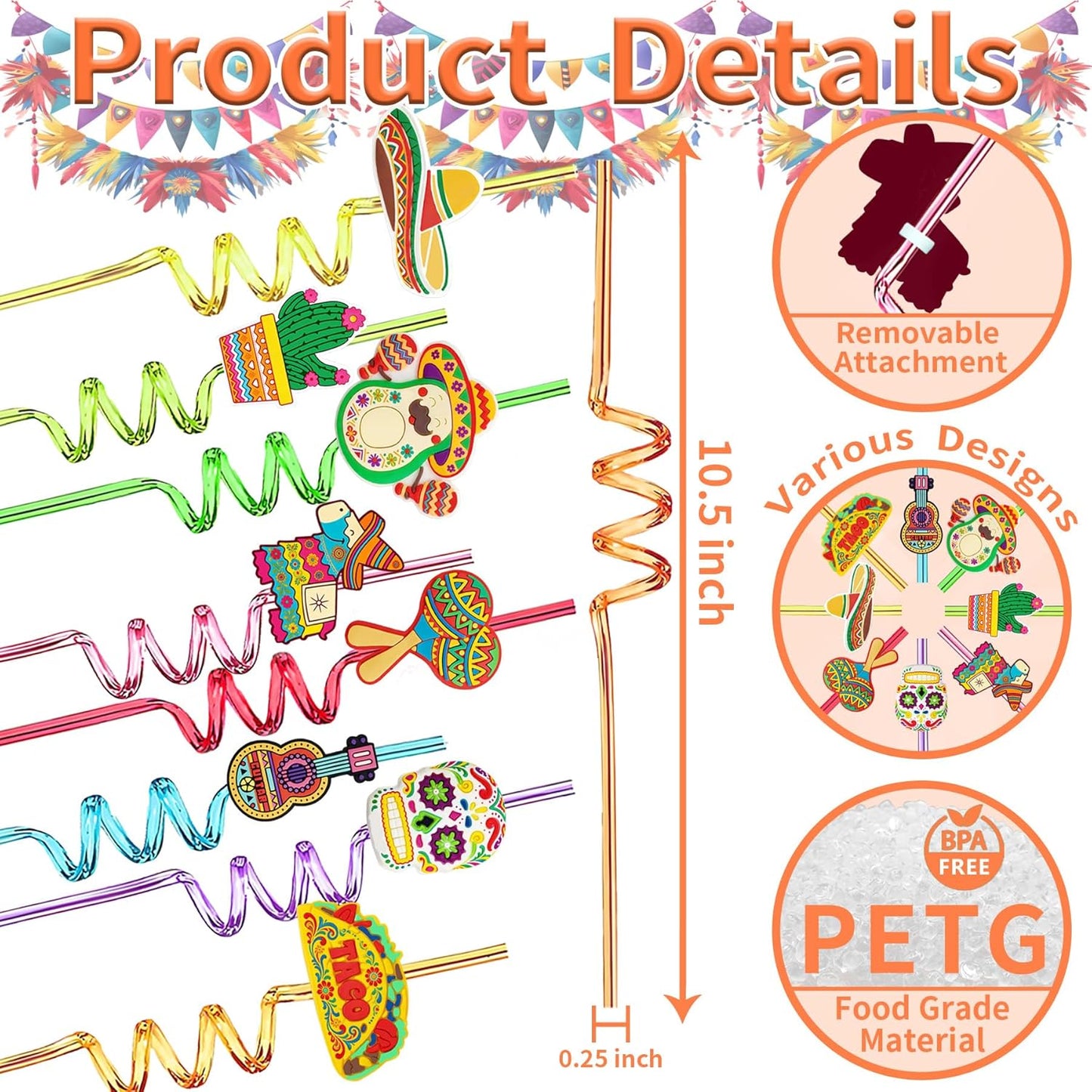 Pajitas de plástico reutilizables para fiesta mexicana