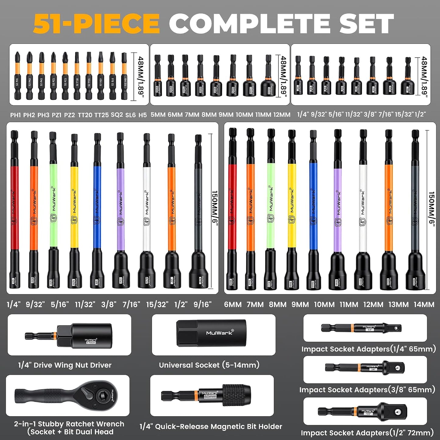 Set 51 destornilladores tuercas magnéticos 6pulg codificados