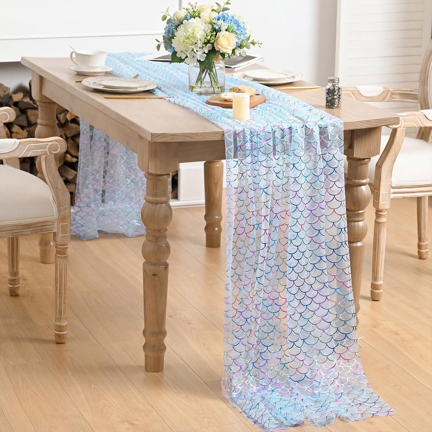 Mantel Gasa Sirena Azul 60x84pulg Rectangular Metálico Purpurina