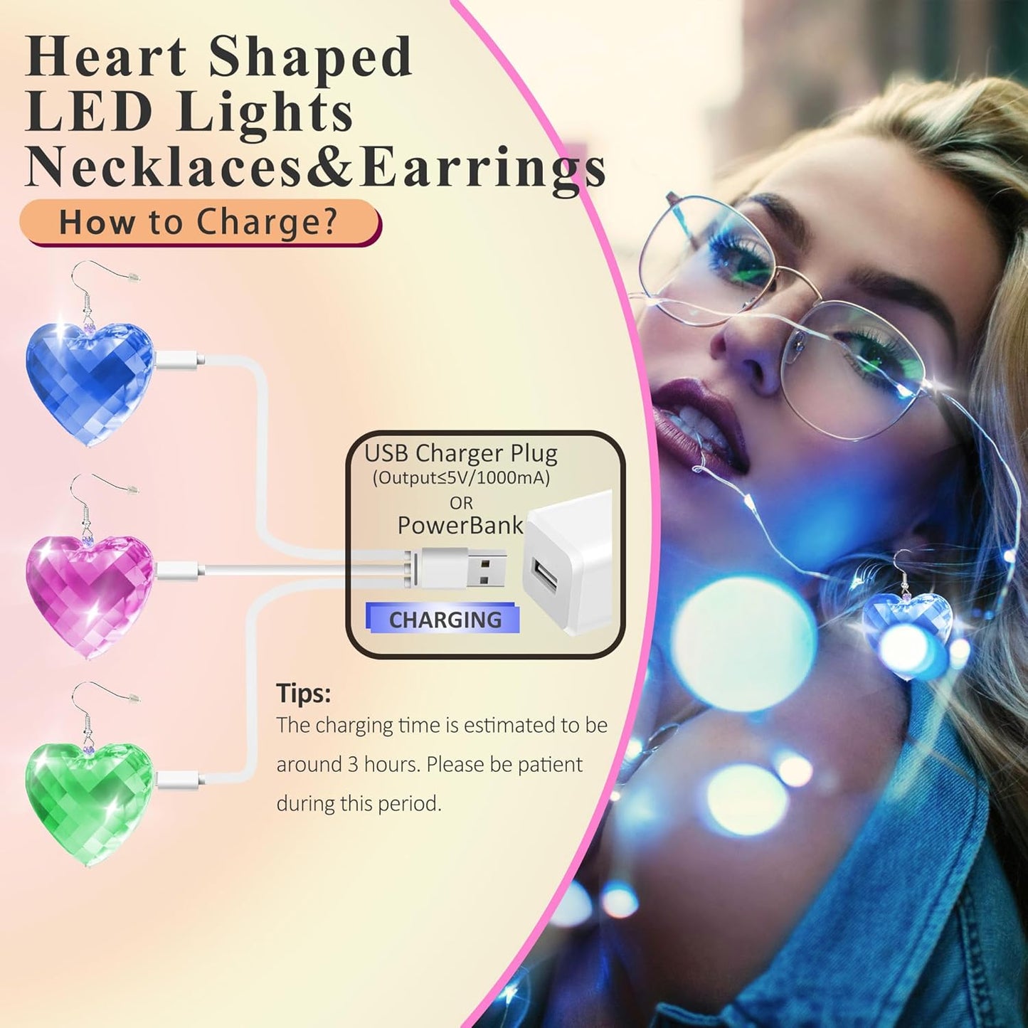 Aretes y Collares LED Recargables para Mujer 16 Modos Luz Fiesta
