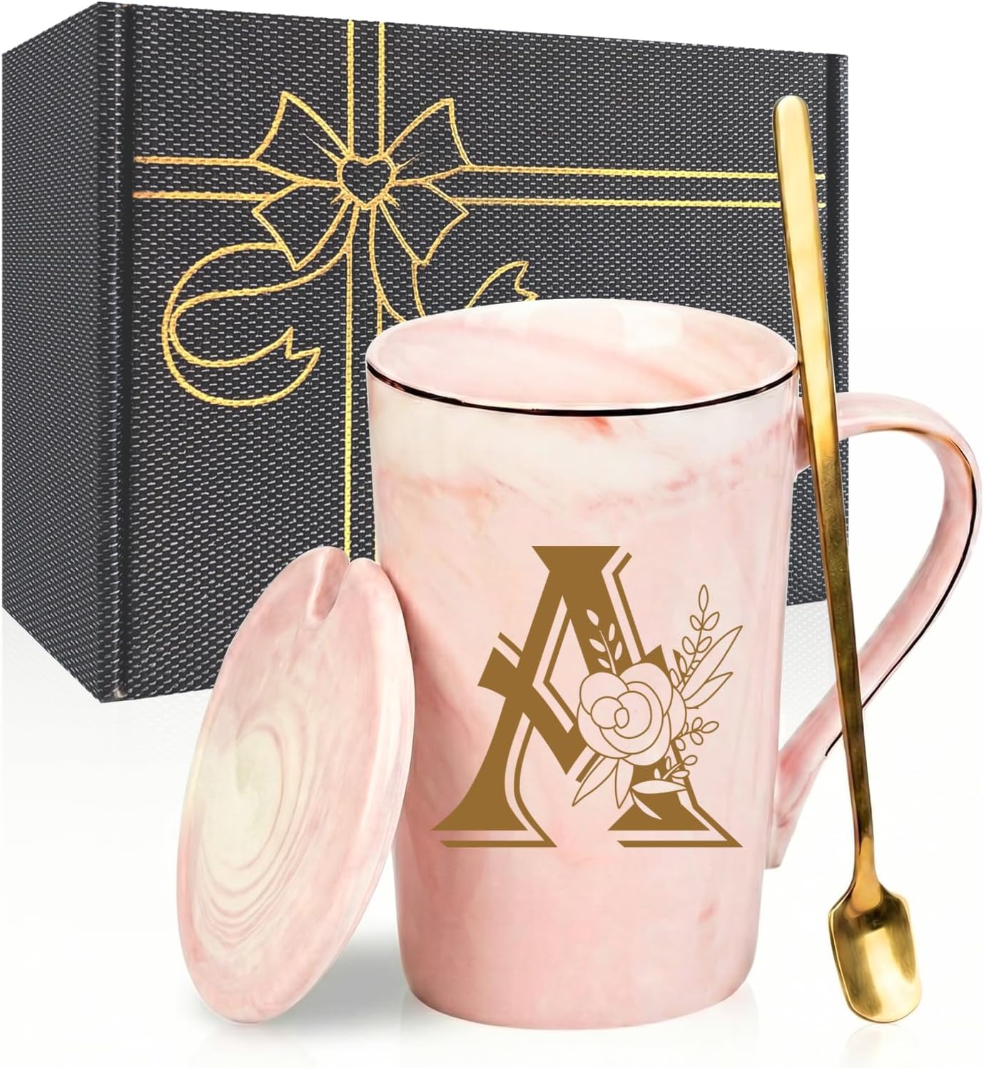 Taza personalizada con letra A regalo novedoso para mamá día de la madre 14 oz rosa con tapa