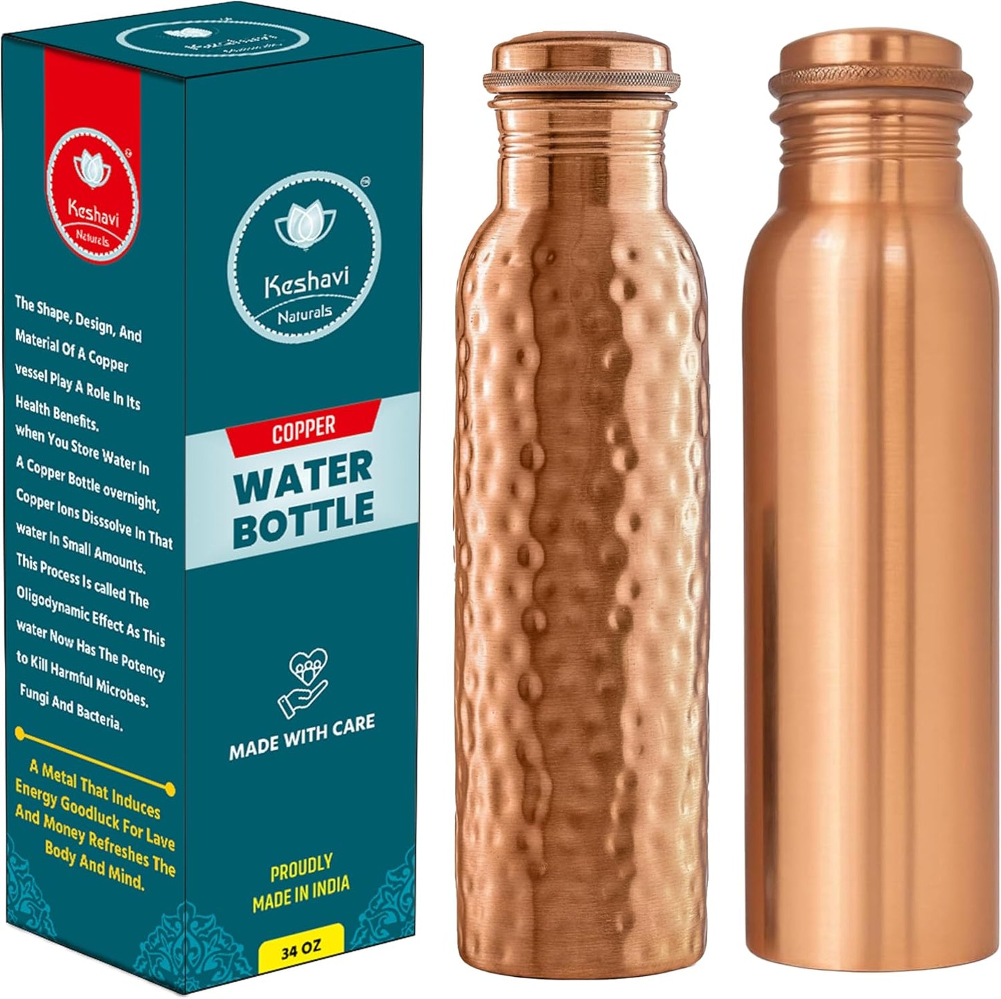 Set de 2 botellas de agua de cobre puro 34 oz con tapas antifugas