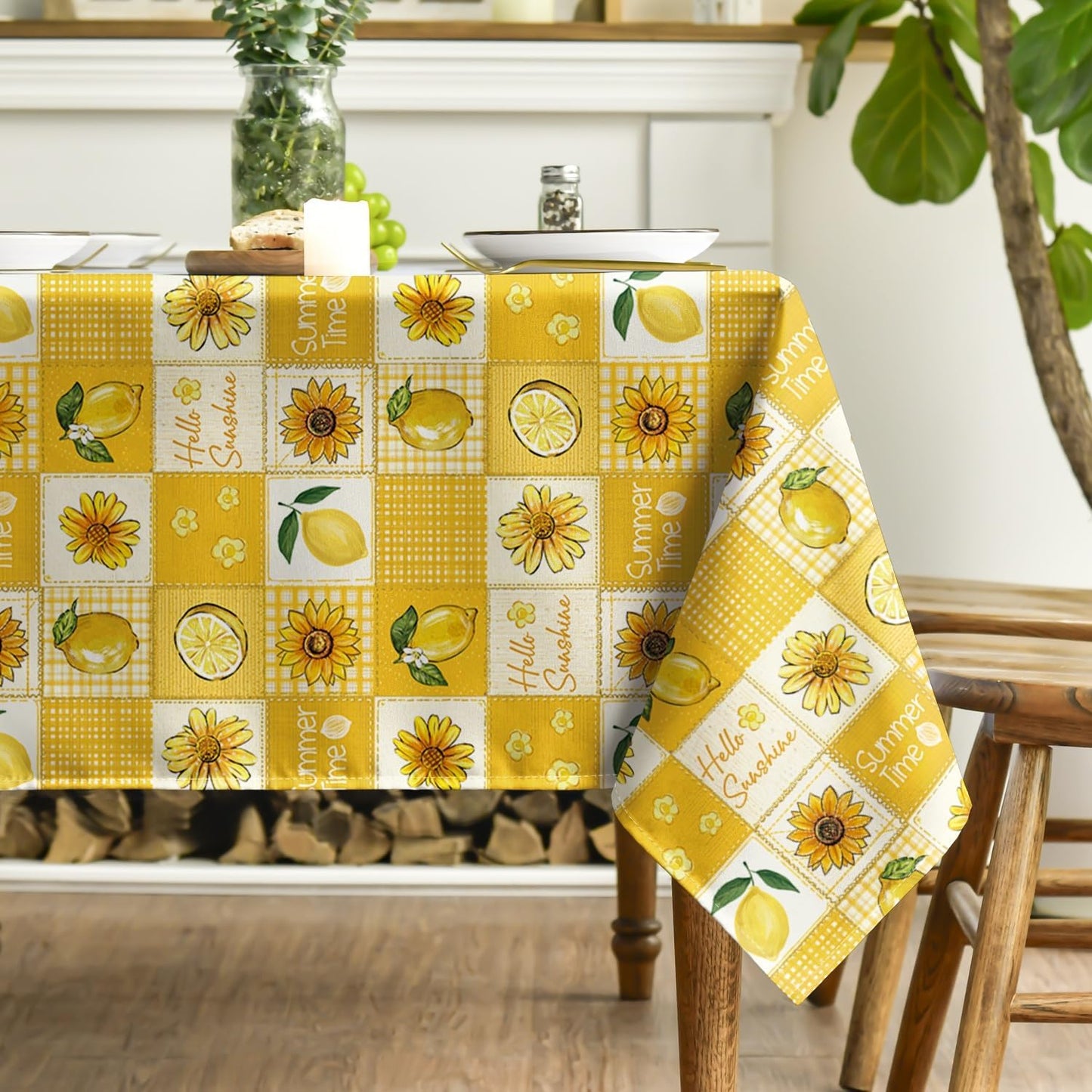 Mantel rectangular verano 60x84 pulgadas diseño retazos cuadrícula búfalo amarillo limón girasol