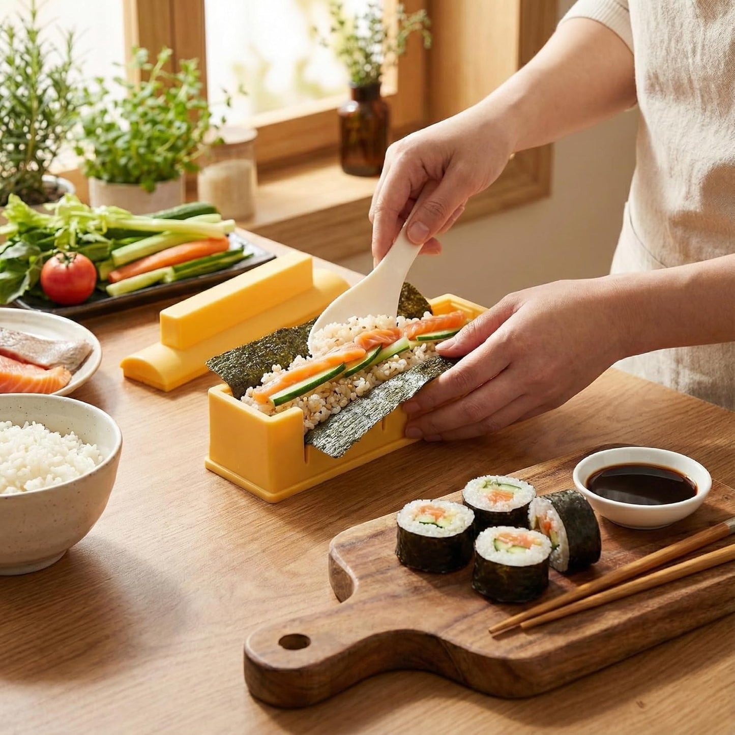 Molde redondo para sushi con cuchara de arroz de plástico HIPS