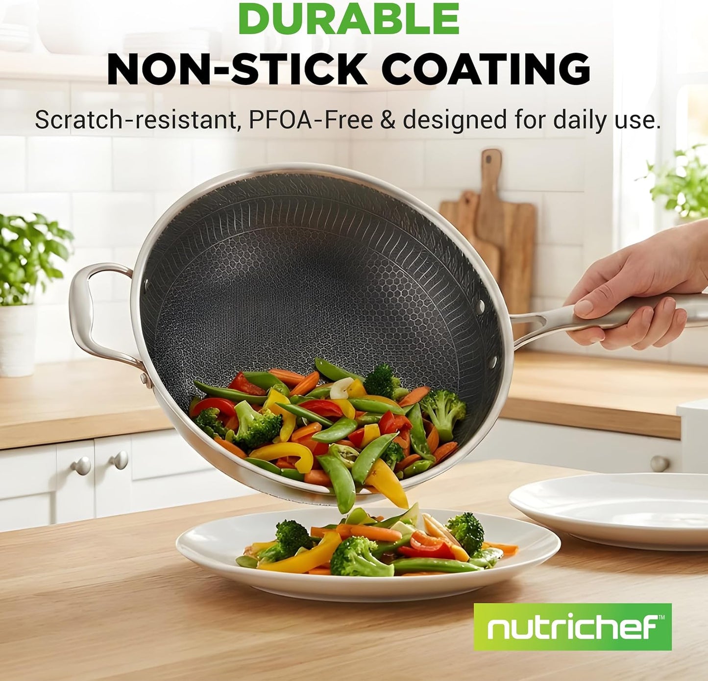 Wok acero inox 12pulg triple con tapa vidrio antiadherente