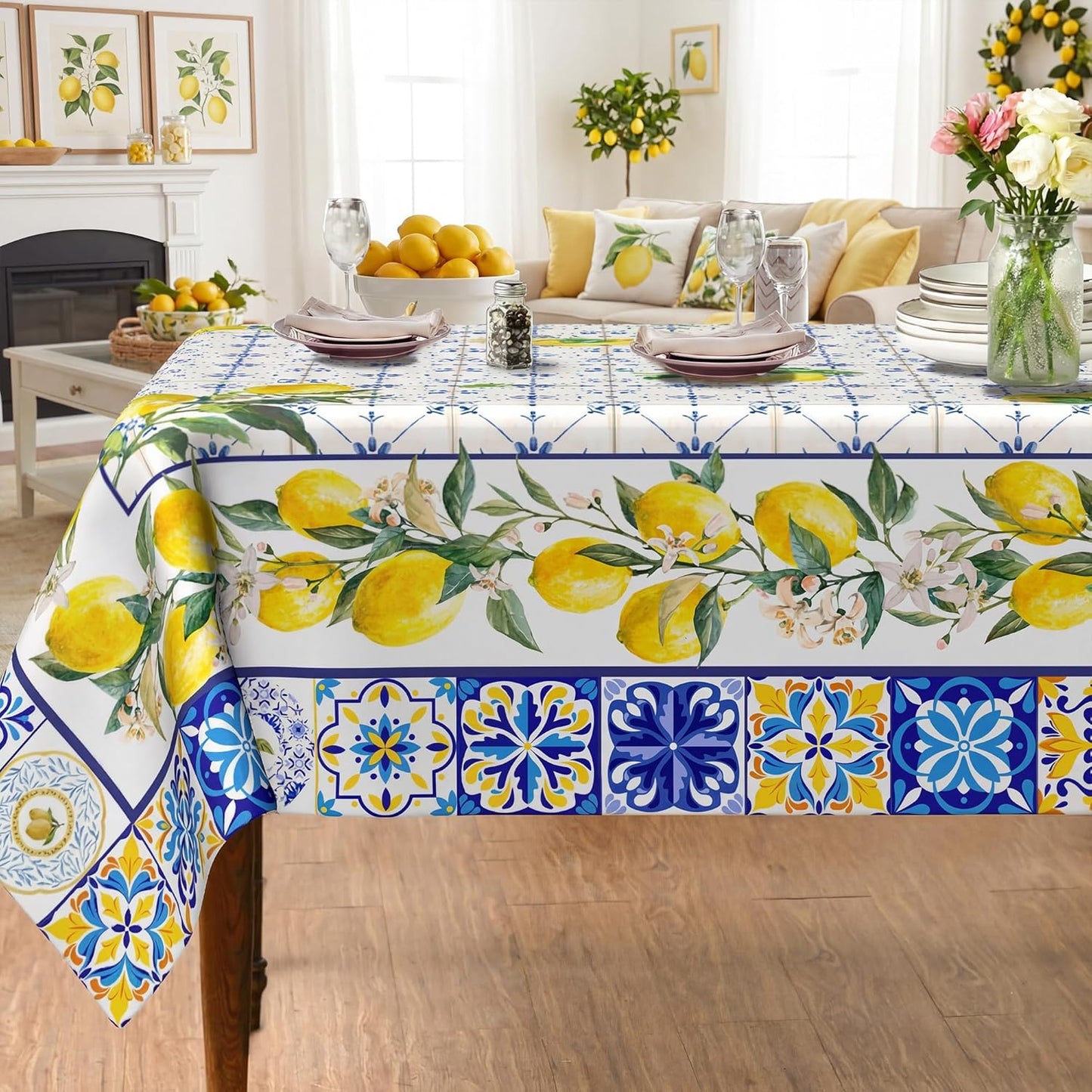 Mantel rectangular color limón 60 x 84 pulgadas decoración granja a cuadros azules poliéster