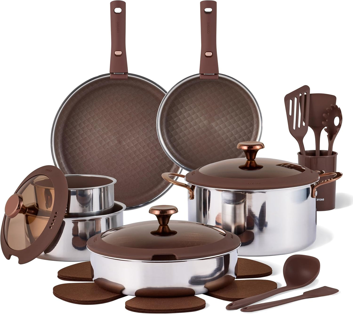 Set 22 Utensilios Cocina Acero Inox Mango Desmontable