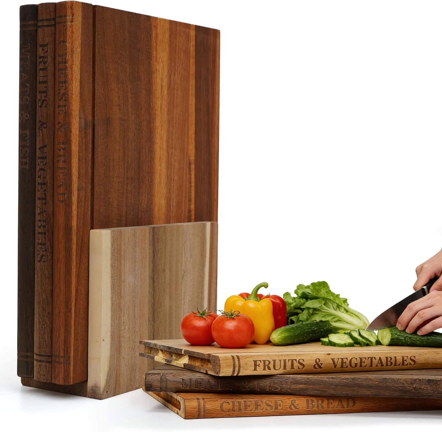 Juego de tablas de cortar con soporte de acacia para biblioteca