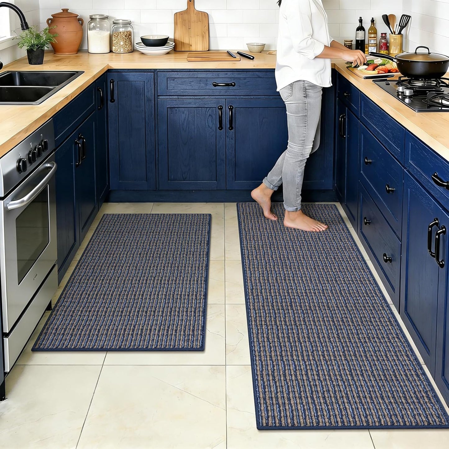 Set 2 Alfombras Cocina Antiderrap Absorbentes Multicolor Azul