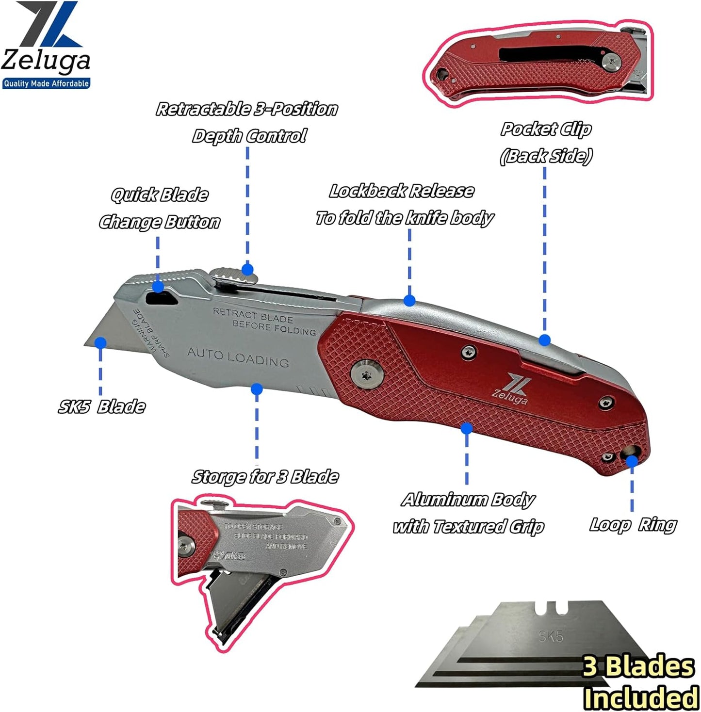 Cuchillo plegable cambio rápido hoja aluminio ligero con clip