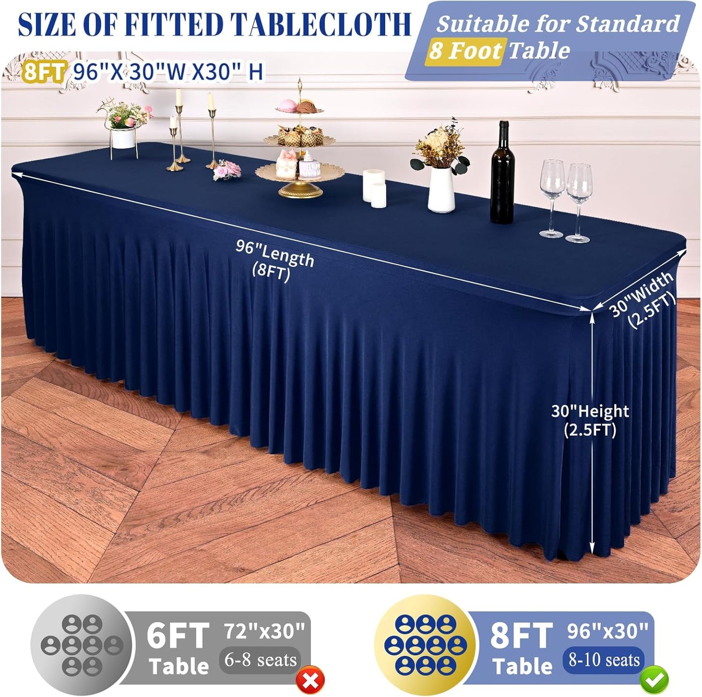 6 Faldas Mesa Elásticas Azul Marino para Mesa Rectangular 8ft
