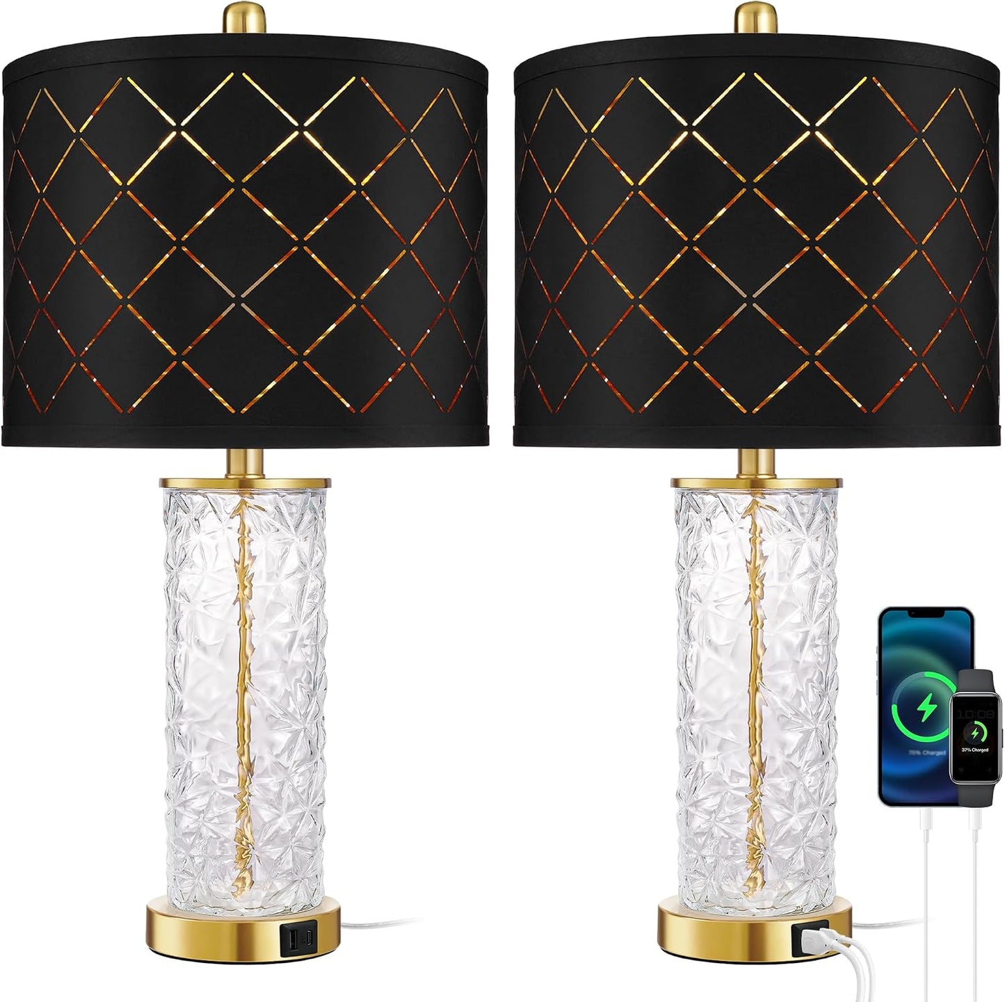 2 Lámparas Mesa Cristal 25pulg USB Dorada Rejilla Negra