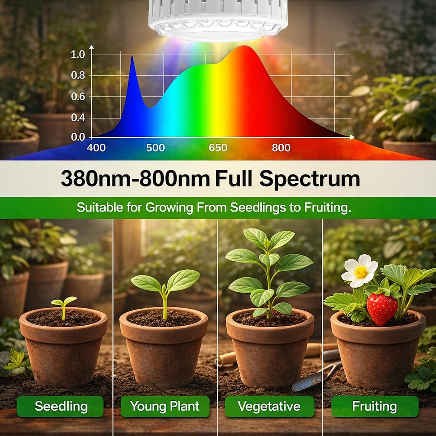 Bombilla LED E26 espectro completo 5000K para plantas 12W paquete 2