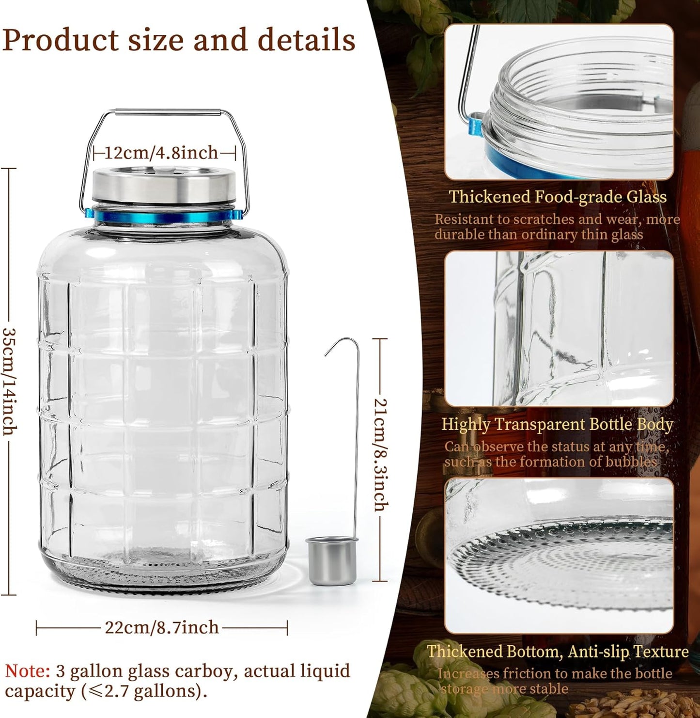 Jarra Vidrio Fermentación 3gal Tapa Airlock Mango Acero Inox