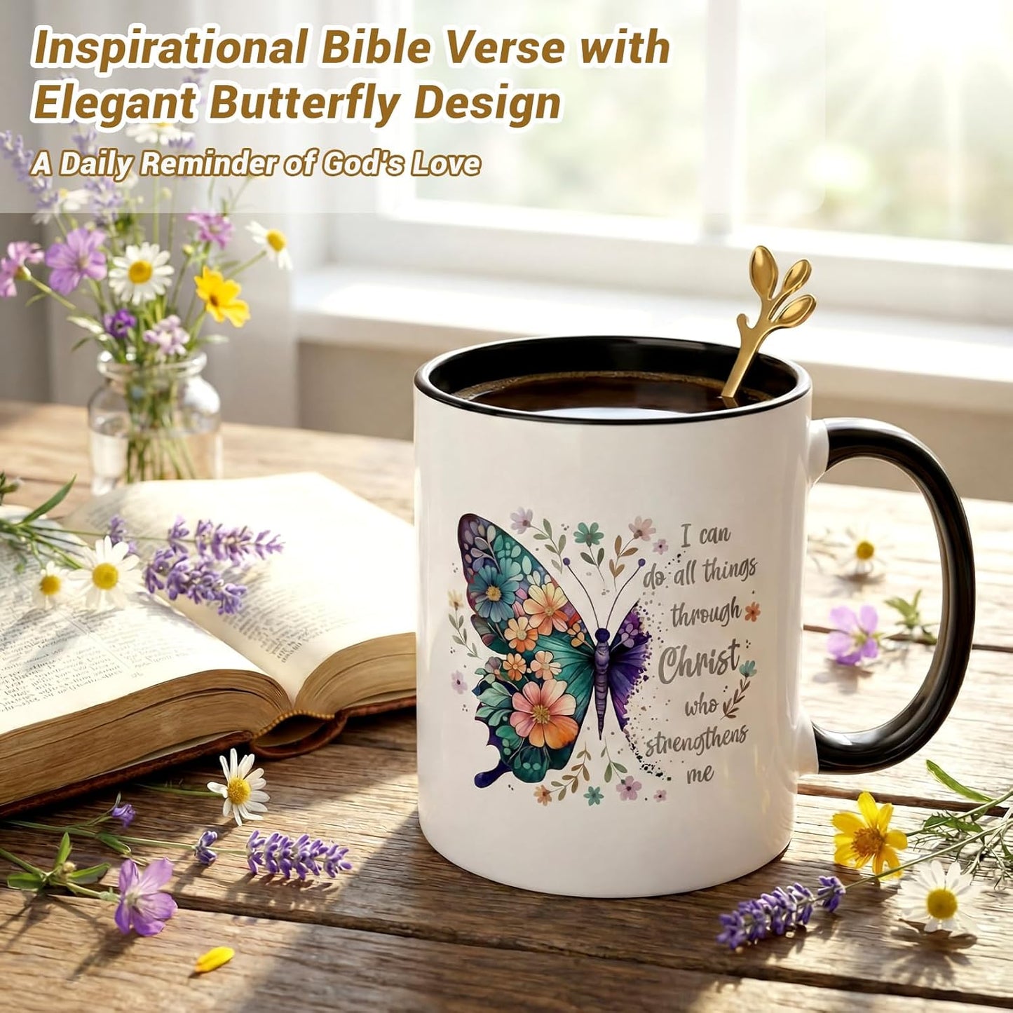 Taza cristiana para mujer con mariposa y versículo bíblico, 11 oz