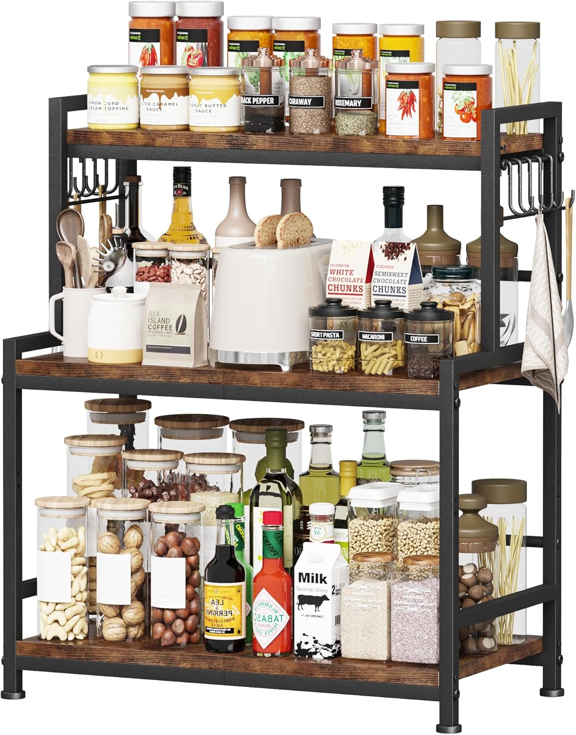Organiz. encimera cocina 23.6pulg 3 niveles 10 ganchos madera
