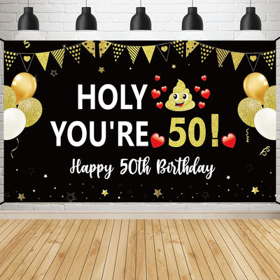 Pancarta cumpleaños 50 años negro y dorado para fiestas
