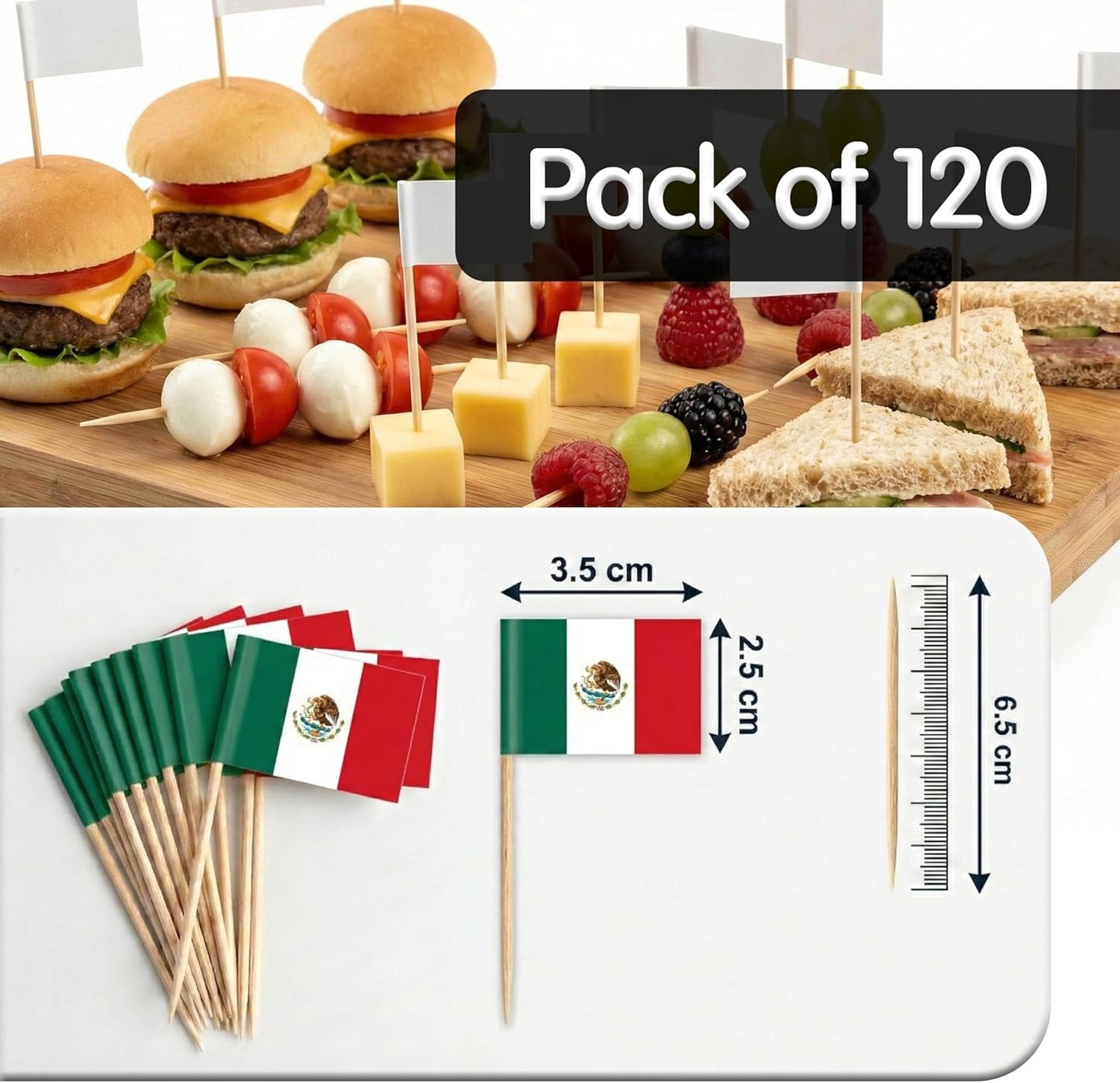 120 Palillos Bambú 2.6pulg con Banderas para Decorar Eventos