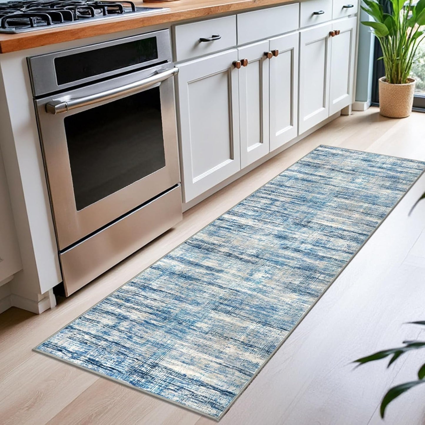 Alfombra pasillo 2x6ft antideslizante suave azul beige rayas