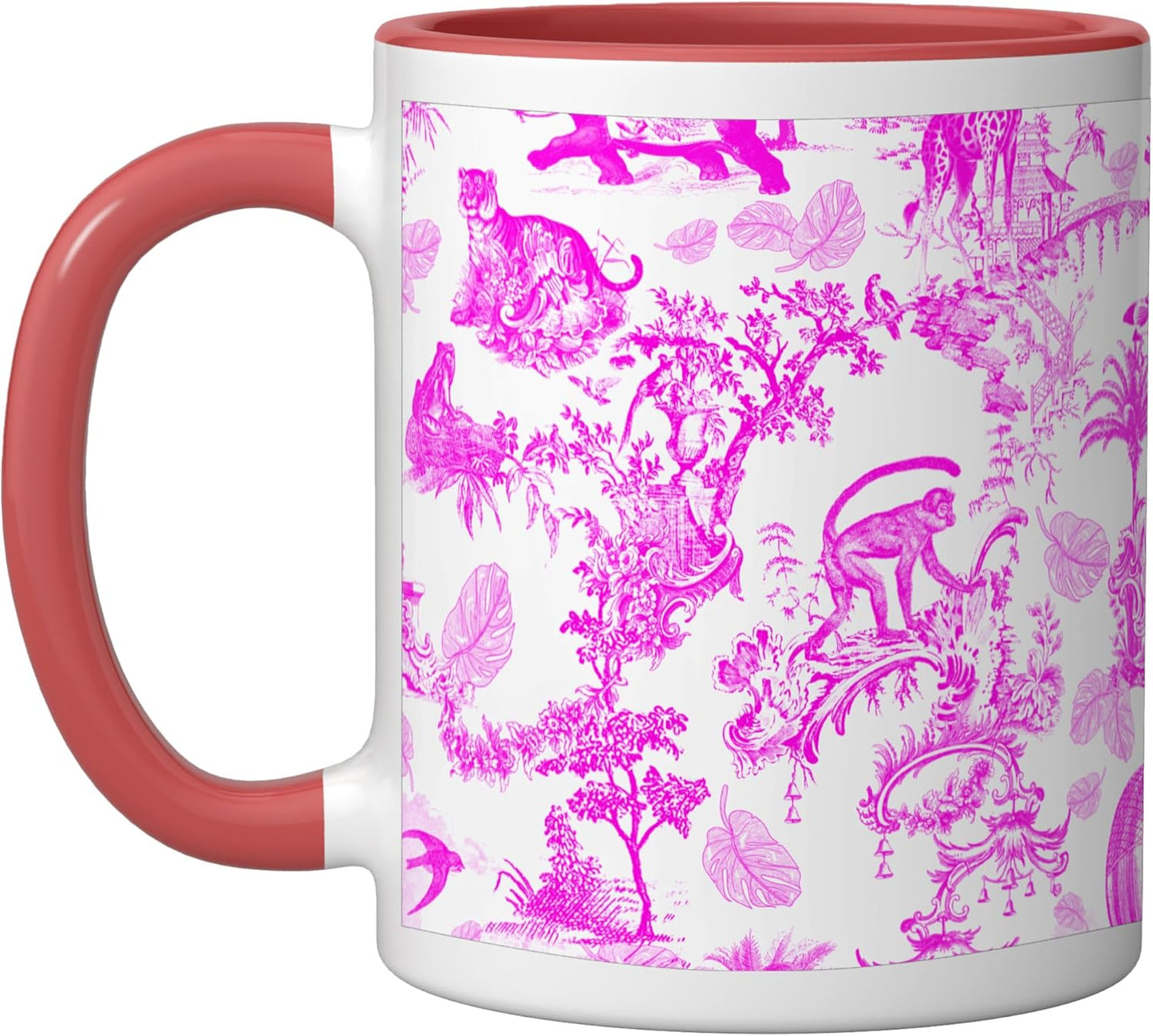 Taza cerámica Preppy Hot Pink Toile Chinoiserie con manchas de mono leopardo